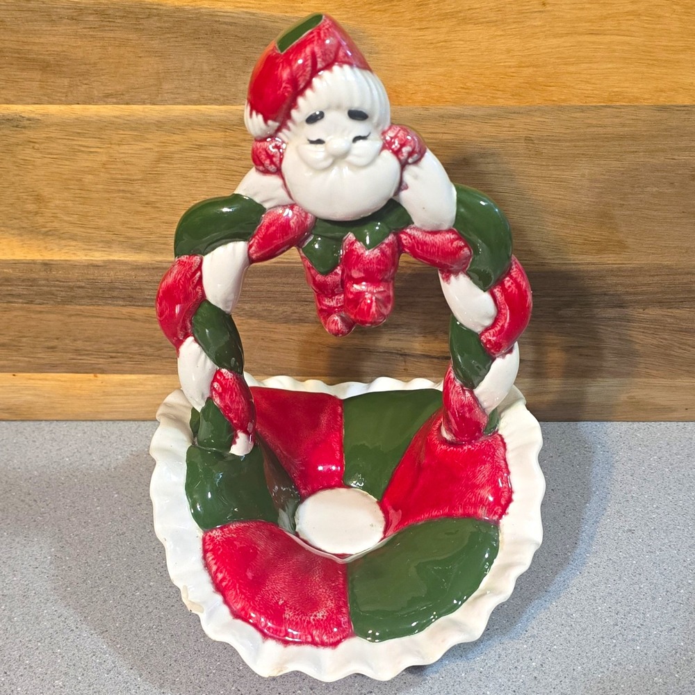 Santa Claus Basket Trinket Dish Ceramic Painted Glossy Red/Green/White Christmas